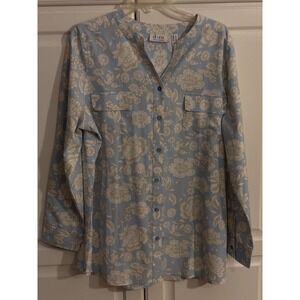 Denim Company Floral Print Button Up Shirt Women's Blue White‎ Casual Top Size L